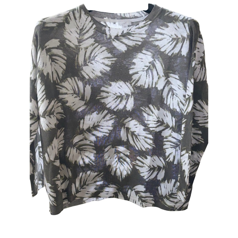 J. Jill Women Large Petite Olive Green White Palm Leaf Print‎ Knit Sweater L P